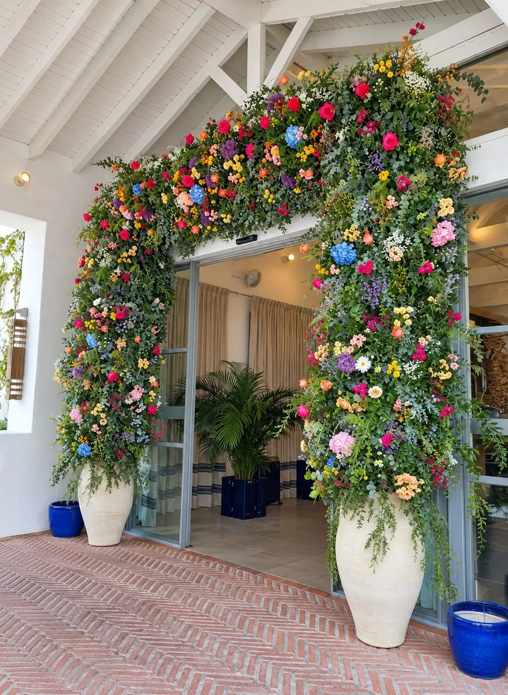 Arco floral en la entrada de un local en Marbella, diseño de Mariah Fiore