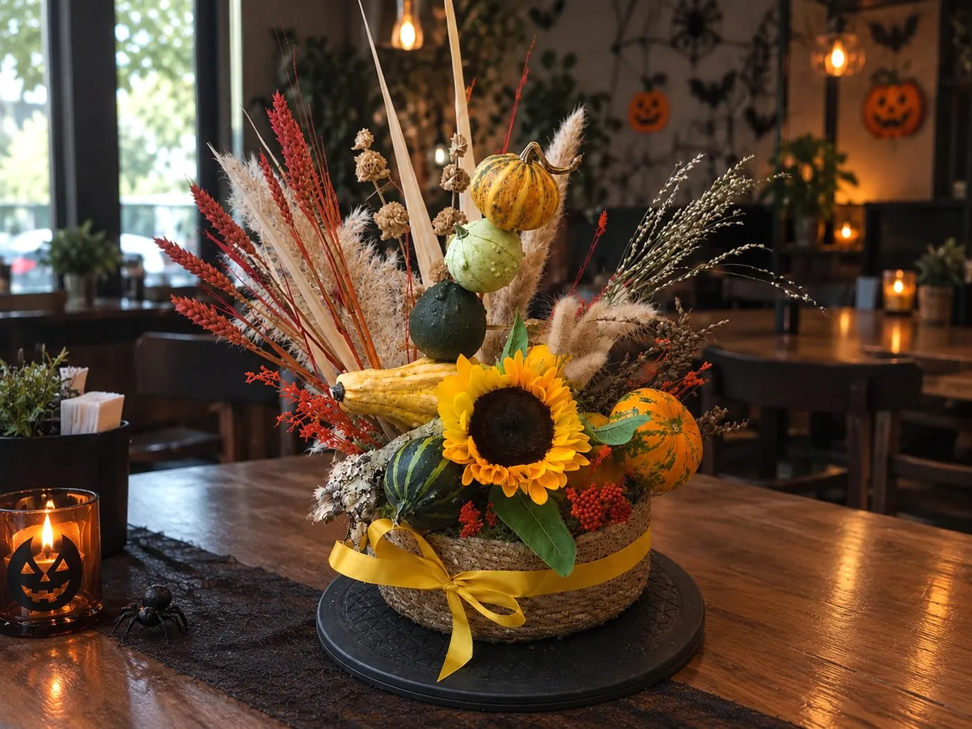 Centro de mesa floral de Halloween con girasoles y calabazas